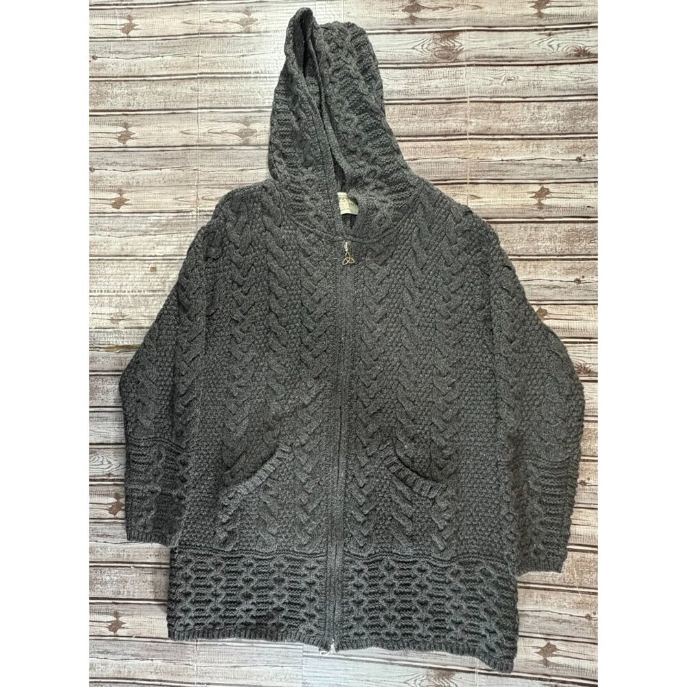 Aran Sweater Market 100% Wool knit Hooded Zip cardigan coat size L color Grey